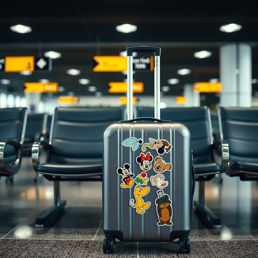 An image of a luggage in an airport featuring Disney character stickers.
